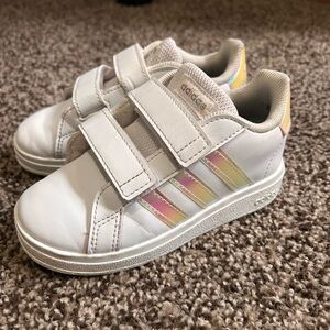 Adidas Kids White Sneakers with Iridescent Stripes